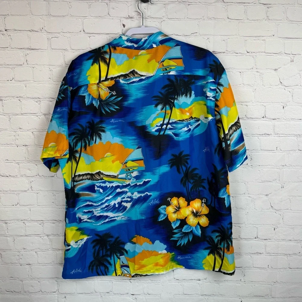 Kalena Vintage Vibrant Blue and Yellow Hawaiian Surf Button Down Shirt XL - Picture 2 of 6